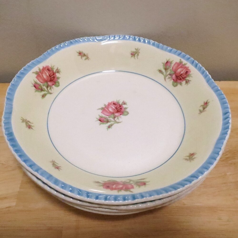 Wood's Ivory Ware X4 Cereal Soup Bowl Pink Rose 7.5" Earthenware England
